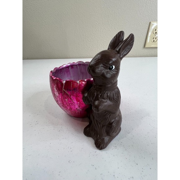 Home Decorative Easter Ceramic Chocolate Bunny Rabbit With‎ Foil Egg Figurine - Picture 2 of 9
